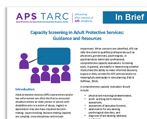 Snapshot of the cover page for APS TARC's brief, "Capacity Screening in Adult Protective Services: Guidance and Resources."
