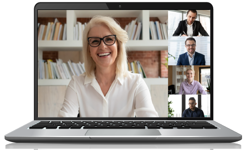 A laptop showing a conference call with diverse colleagues in business casual dress.