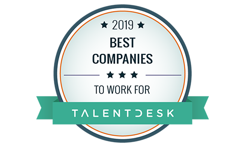 Badge from TalentDesk reading, "2019 Best Companies to Work For."