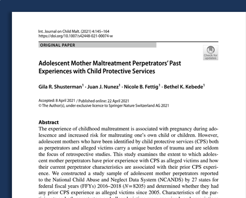 Snapshot of the cover page for the NCANDS article, "Adolescent Mother Maltreatment Perpetrators' Past Experiences with Child Protective Services."