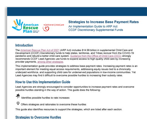 A screenshot of a brief titled, "Strategies to Increase Base Payment Rates: An Implementation Guide to ARP Act CCDF Discretionary Supplemental Funds."
