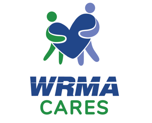 WRMA CARES logo. A green person icon and a blue person icon wrap their arms around a blue heart.