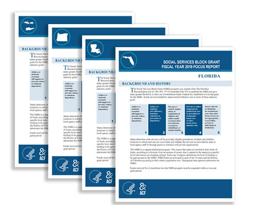 Covers of the Social Service Block Grant, Fiscal Year 2019, Focus Reports for Florida, Louisiana, Oregon, and the U.S. Virgin Islands