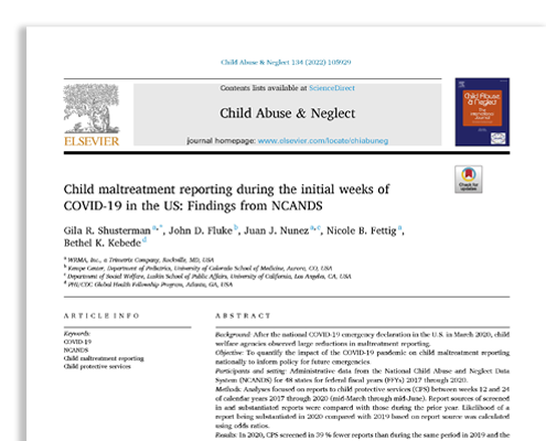 Cover of journal article, "Child maltreatment reporting during the initial weeks of COVID-19 in the US: Findings from NCANDS