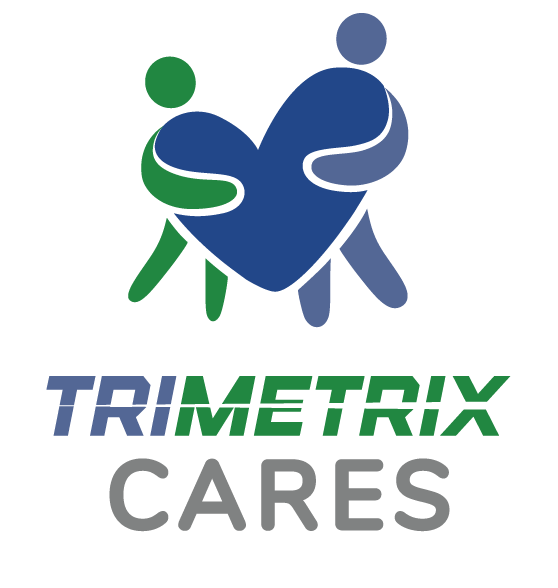 TriMetrix Cares logo. A green person icon and a light blue person icon wrap their arms around a blue heart.